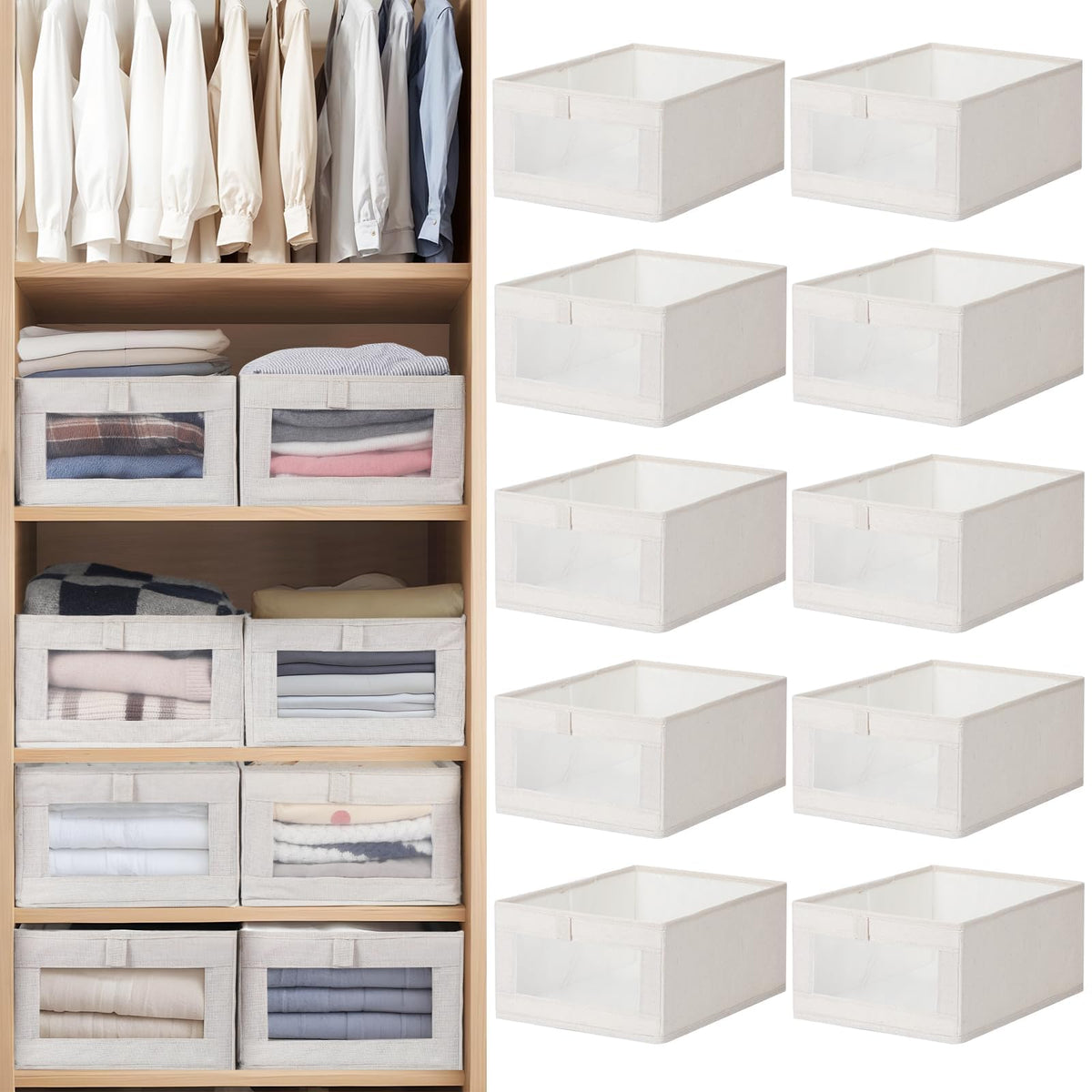 VZZNN front view of ten linen closet organizers showing neat storage benefit