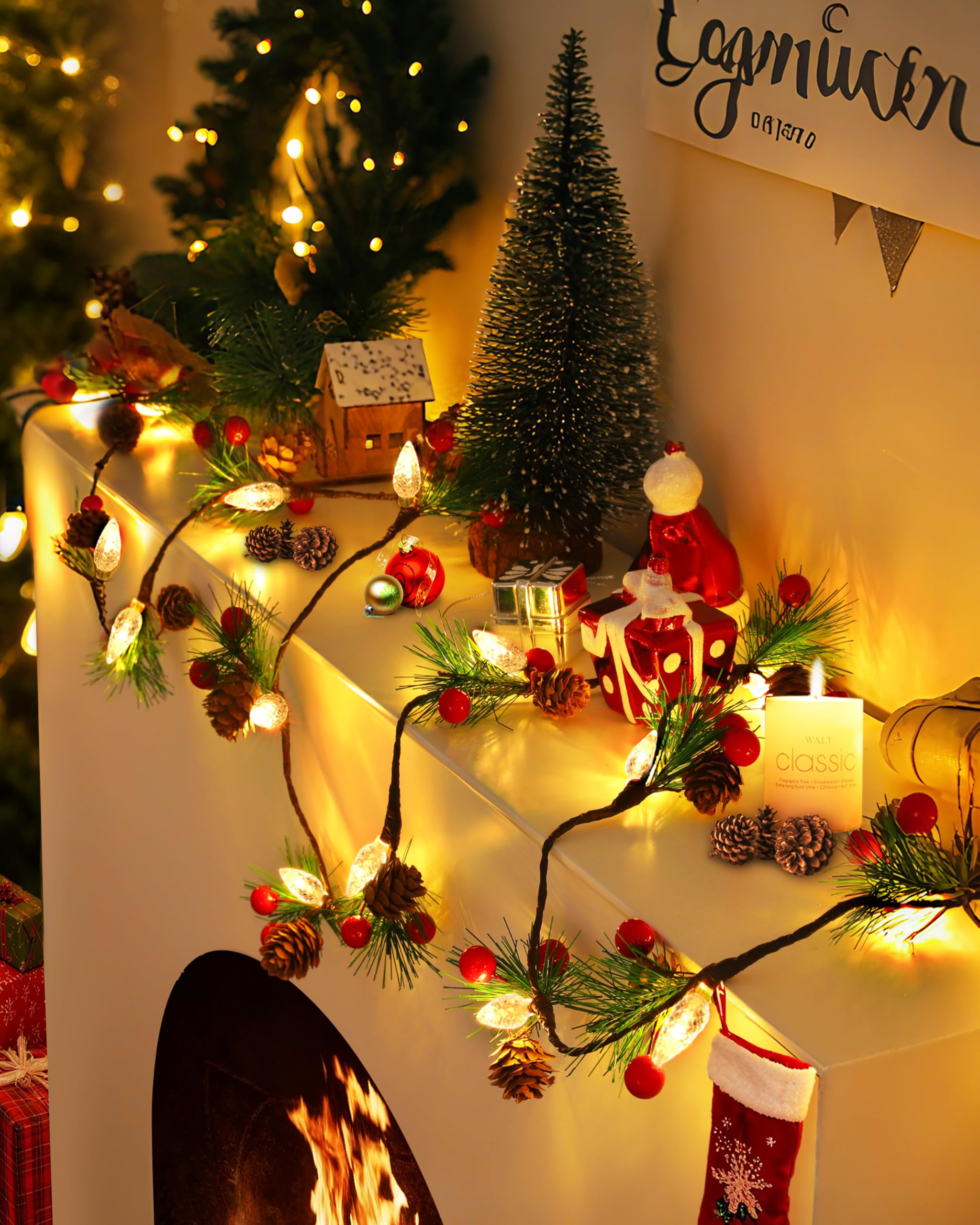 Wabarle lit garland draped on a mantel creating cozy ambient holiday lighting