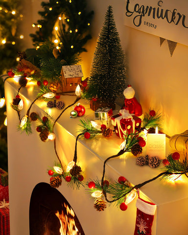 Wabarle lit garland draped on a mantel creating cozy ambient holiday lighting