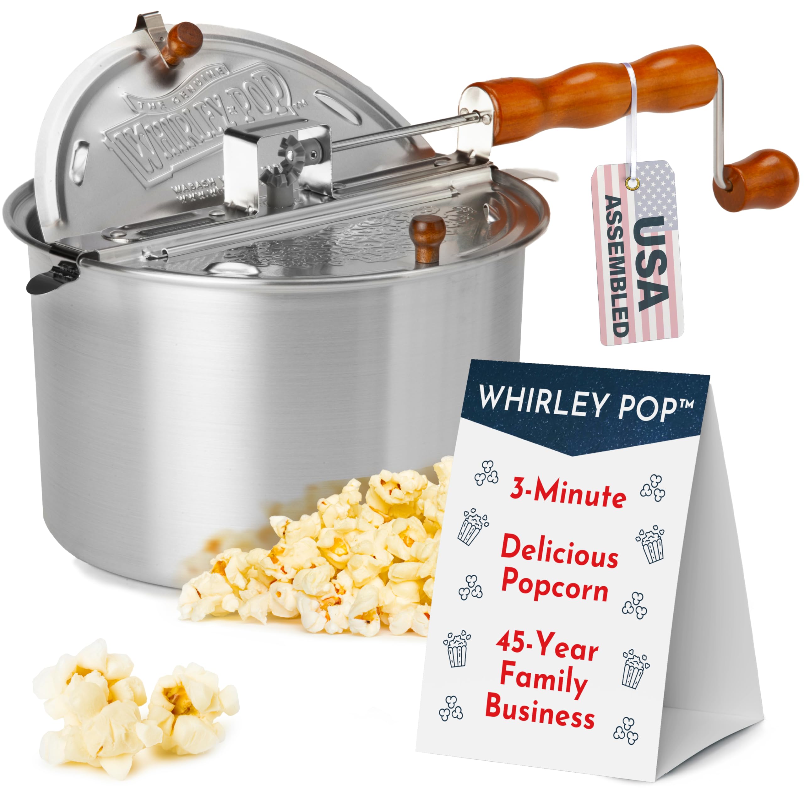 Wabash Valley Farms front view of Whirley Pop showing sturdy kettle benefit
