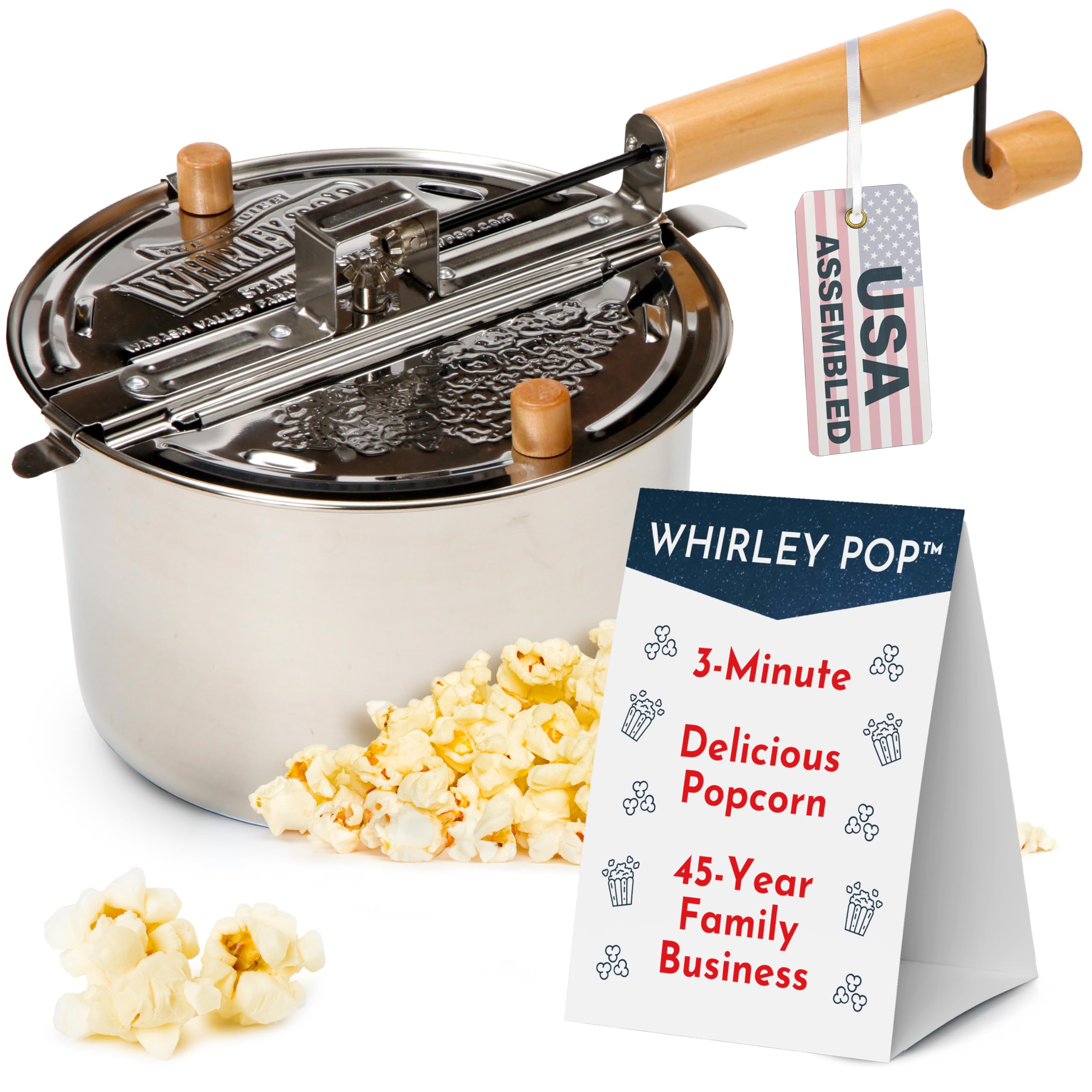 Wabash Valley Farms Whirley Pop front view showing stainless steel and capacity benefit