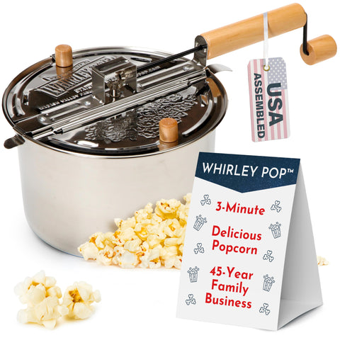 Wabash Valley Farms Whirley Pop front view showing stainless steel and capacity benefit
