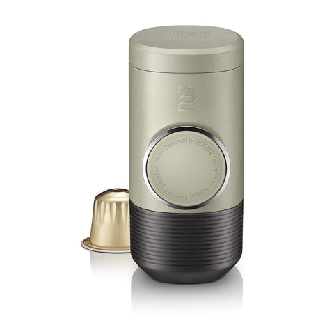 WACACO Minipresso NS2 front view showing compact stone beige body and travel-ready design