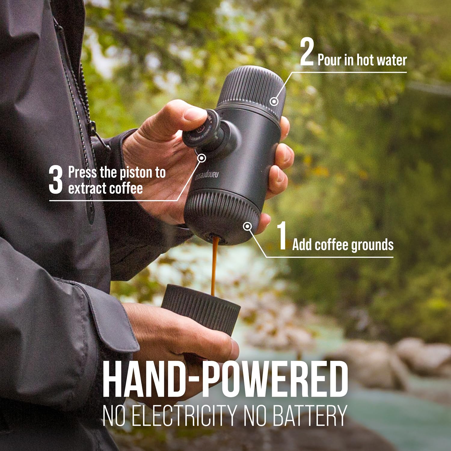 WACACO Nanopresso detachable cup close-up showing heatsink pattern for heat protection