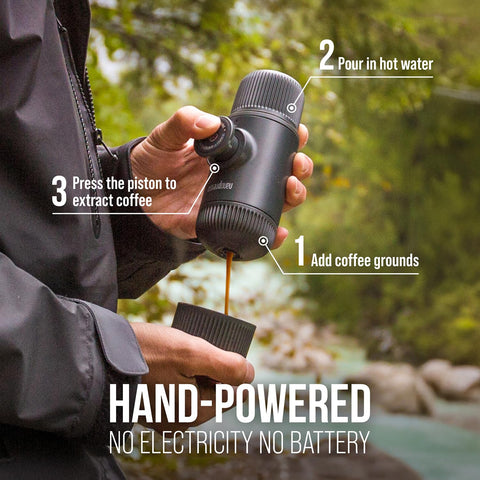 WACACO Nanopresso detachable cup close-up showing heatsink pattern for heat protection