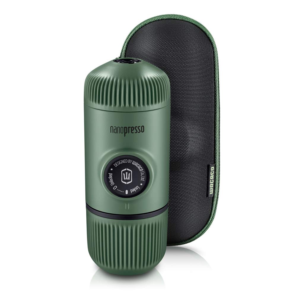 WACACO Nanopresso front view in moss green showing compact design and portability