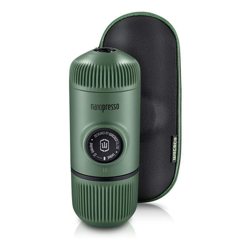 WACACO Nanopresso front view in moss green showing compact design and portability