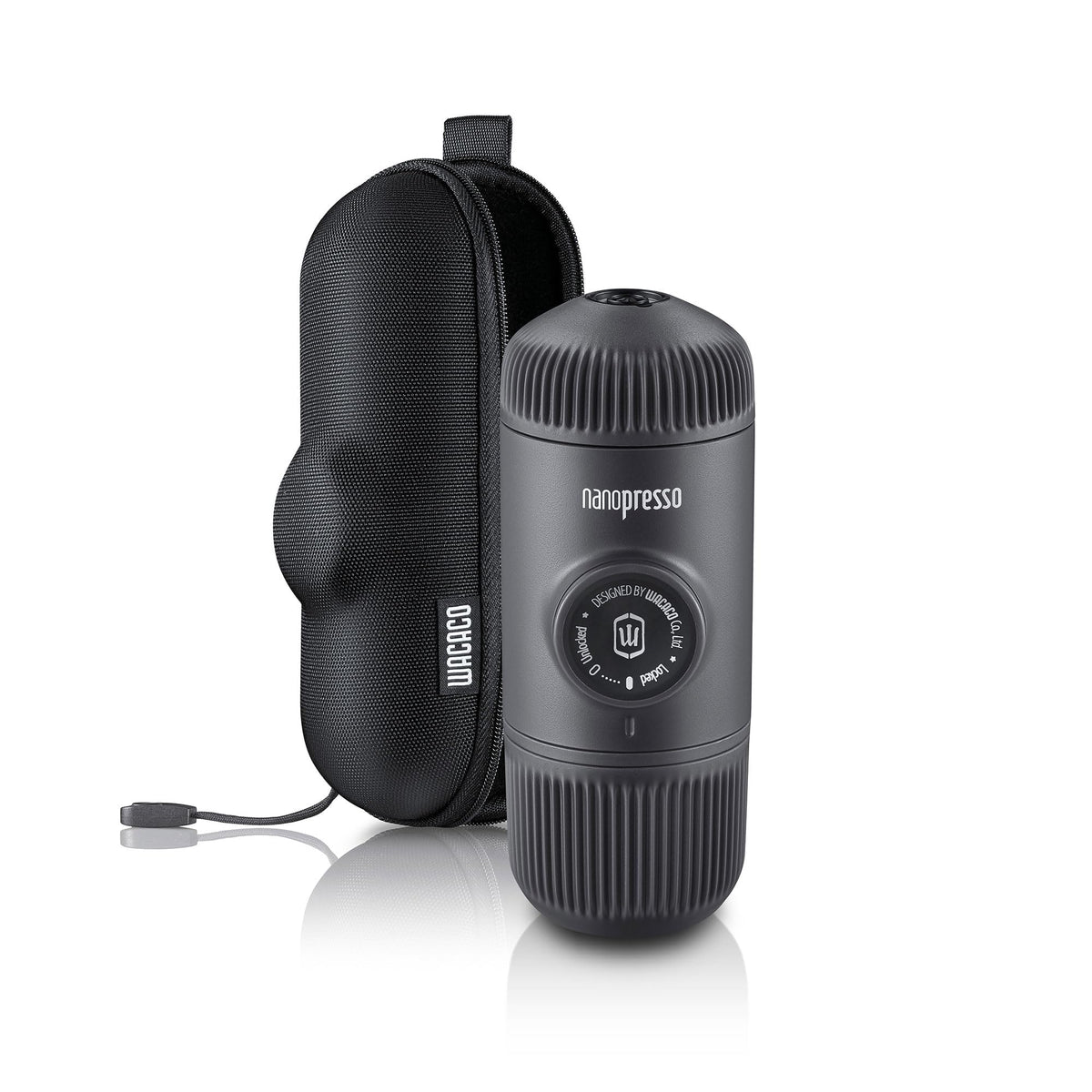 WACACO Nanopresso front view showing compact design and robust finish for travel convenience