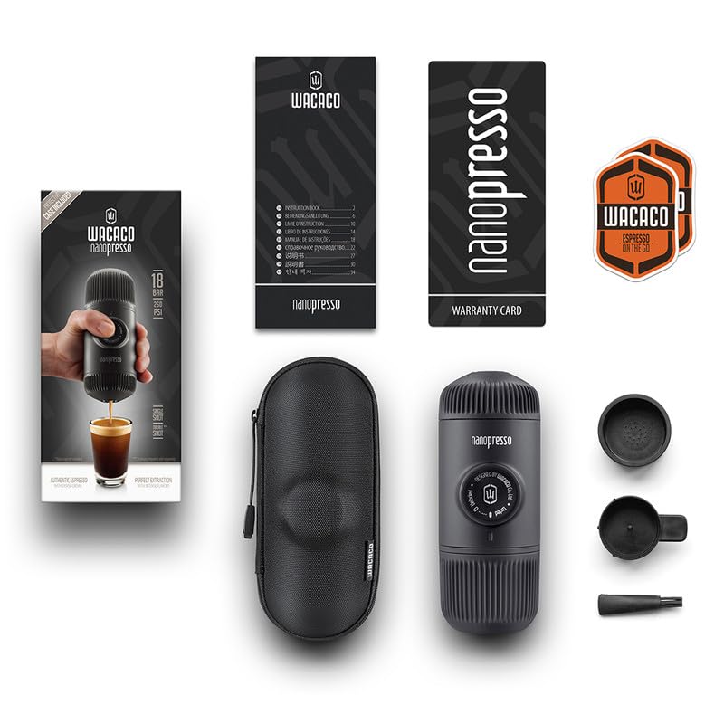 WACACO Nanopresso with NS Adapter and Barista Kit accessories laid out to show versatility