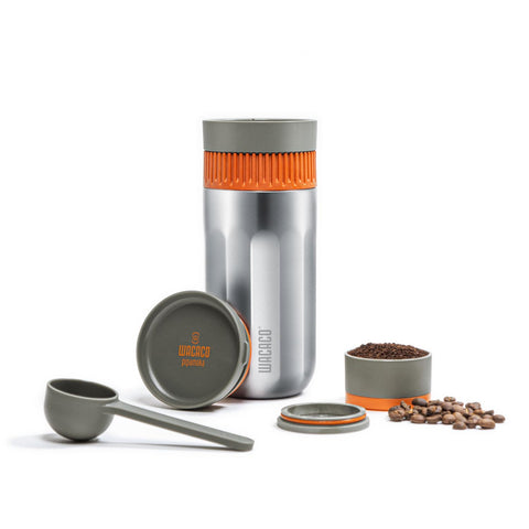WACACO Pipamoka front view showing compact travel brewer and mug, convenient portability