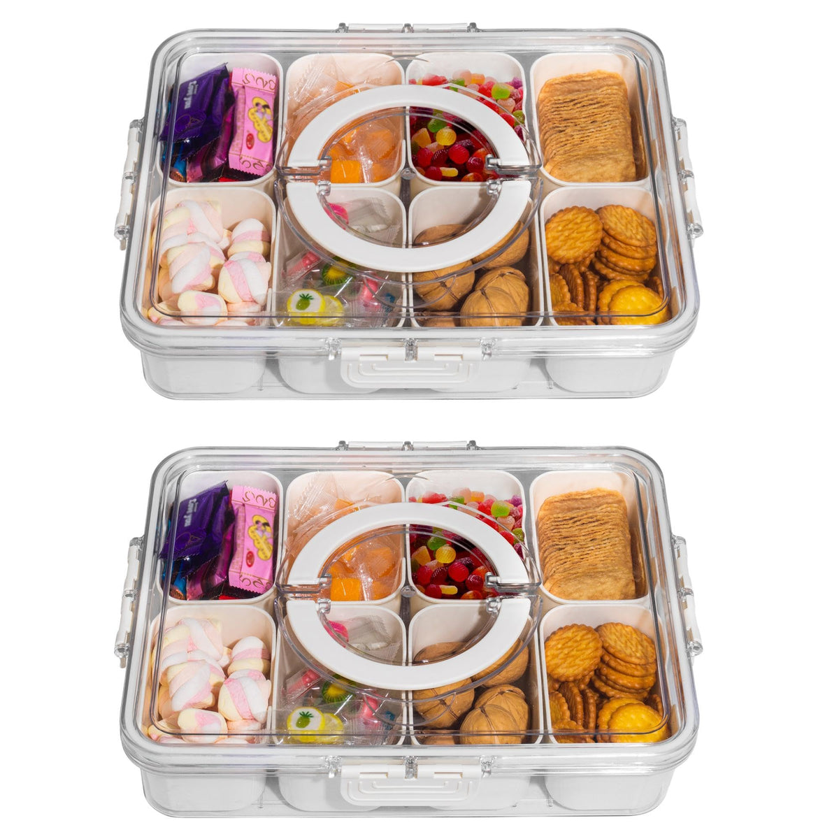 WACOI front view showing two white snack trays and packaging for easy identification and storage