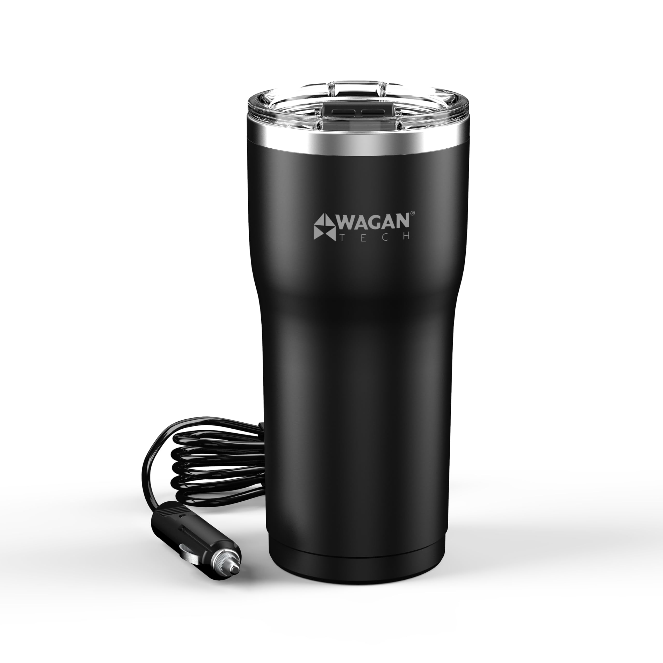Wagan EL6101 front view showing mug and lid, convenient warm-beverage solution