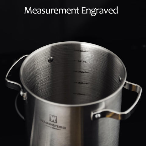 WAGENSTEIGER pot cooking spaghetti to show capacity and convenient one-pot draining benefit