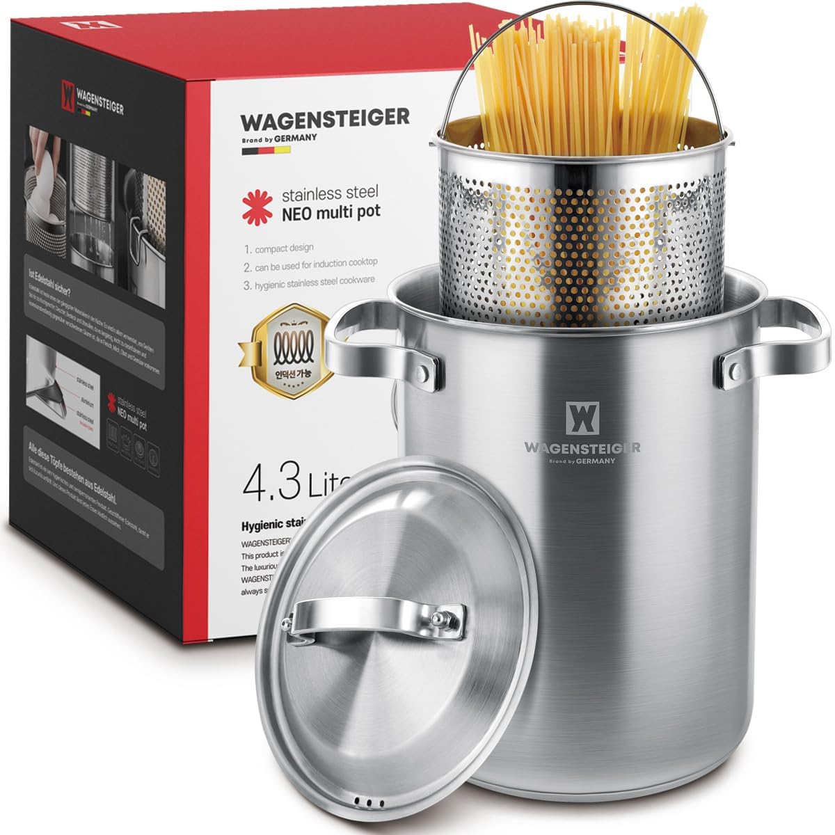 WAGENSTEIGER front view of steamer pot showing tall design and polished finish for durable cooking
