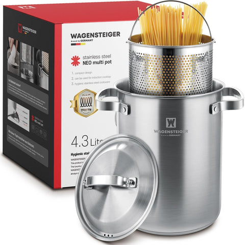 WAGENSTEIGER front view of steamer pot showing tall design and polished finish for durable cooking