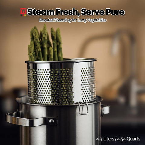 WAGENSTEIGER tall pot with asparagus inside demonstrating gentle vertical steaming advantage