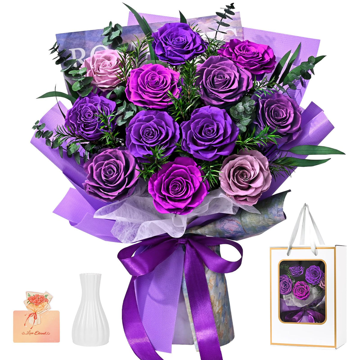 Waipfaru front packaging showing purple preserved roses and gifting appeal