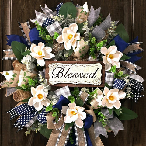 Waipfaru front view wreath showing full 22-inch arrangement and curb appeal