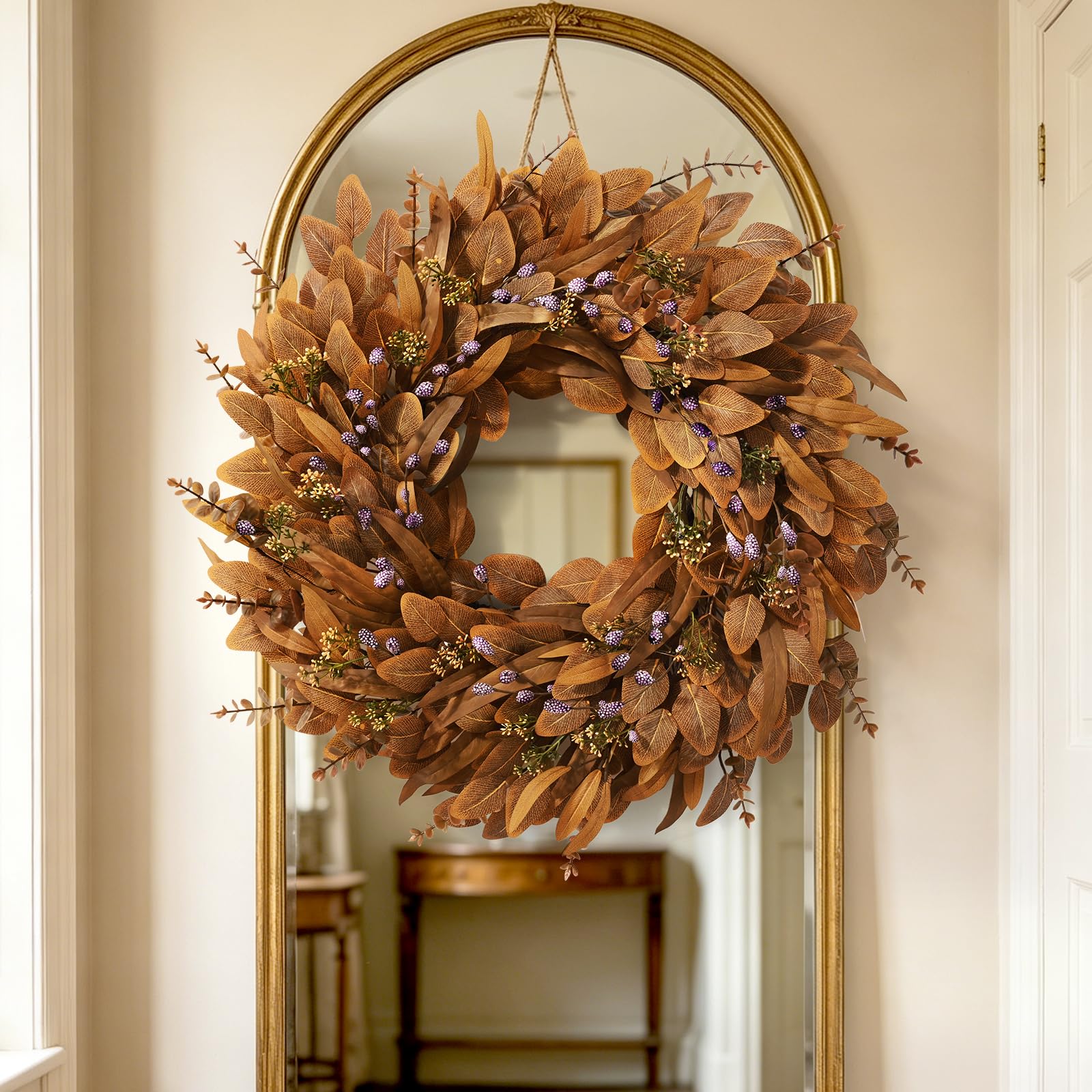 Waipfaru wreath on porch enhancing seasonal outdoor entry