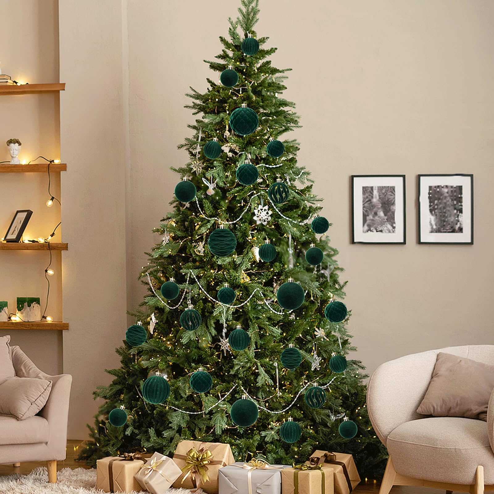 Waipfaru ornaments styled in living room giving cohesive, elegant holiday ambiance