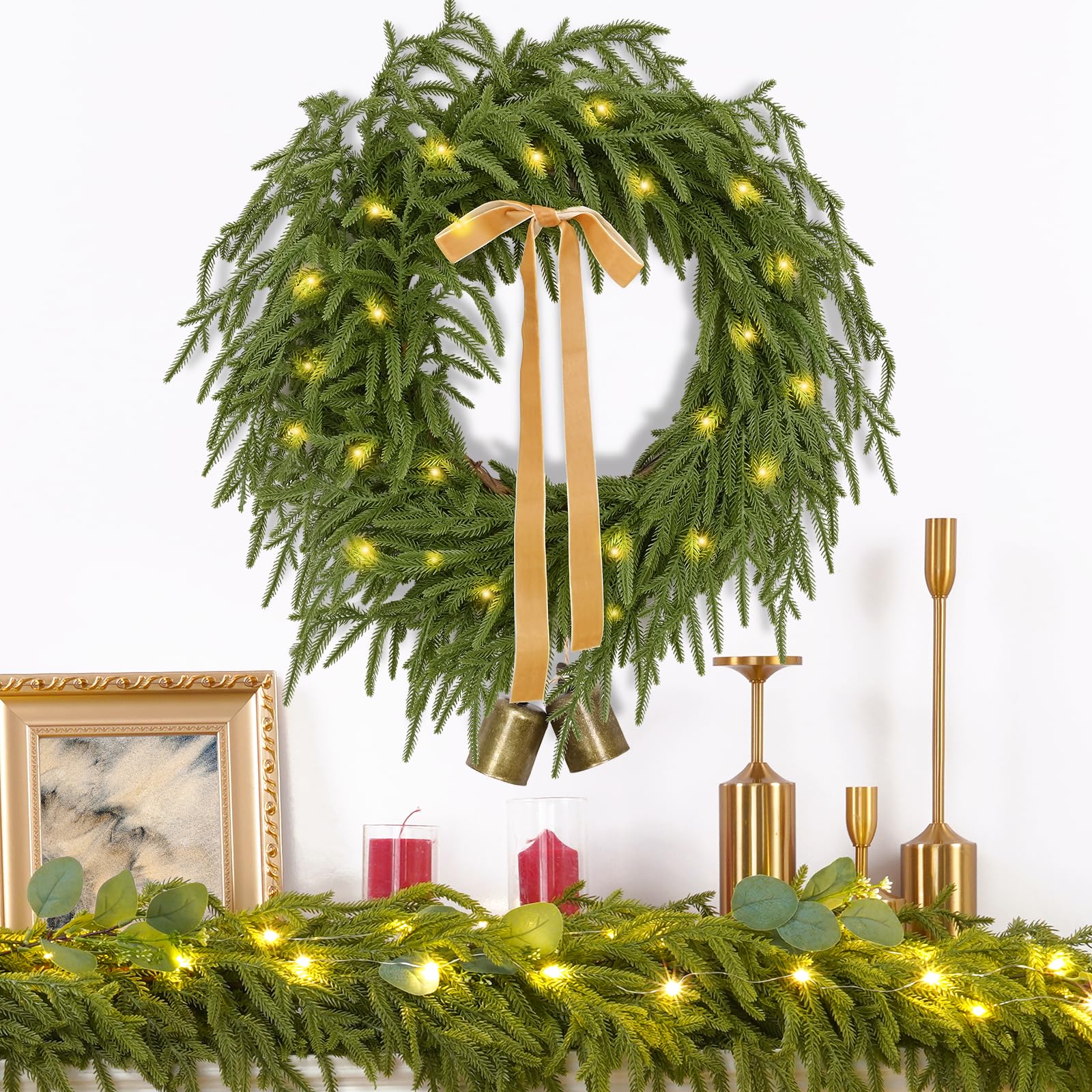 Waipfaru wreath lit at night providing soft glow and evening ambiance