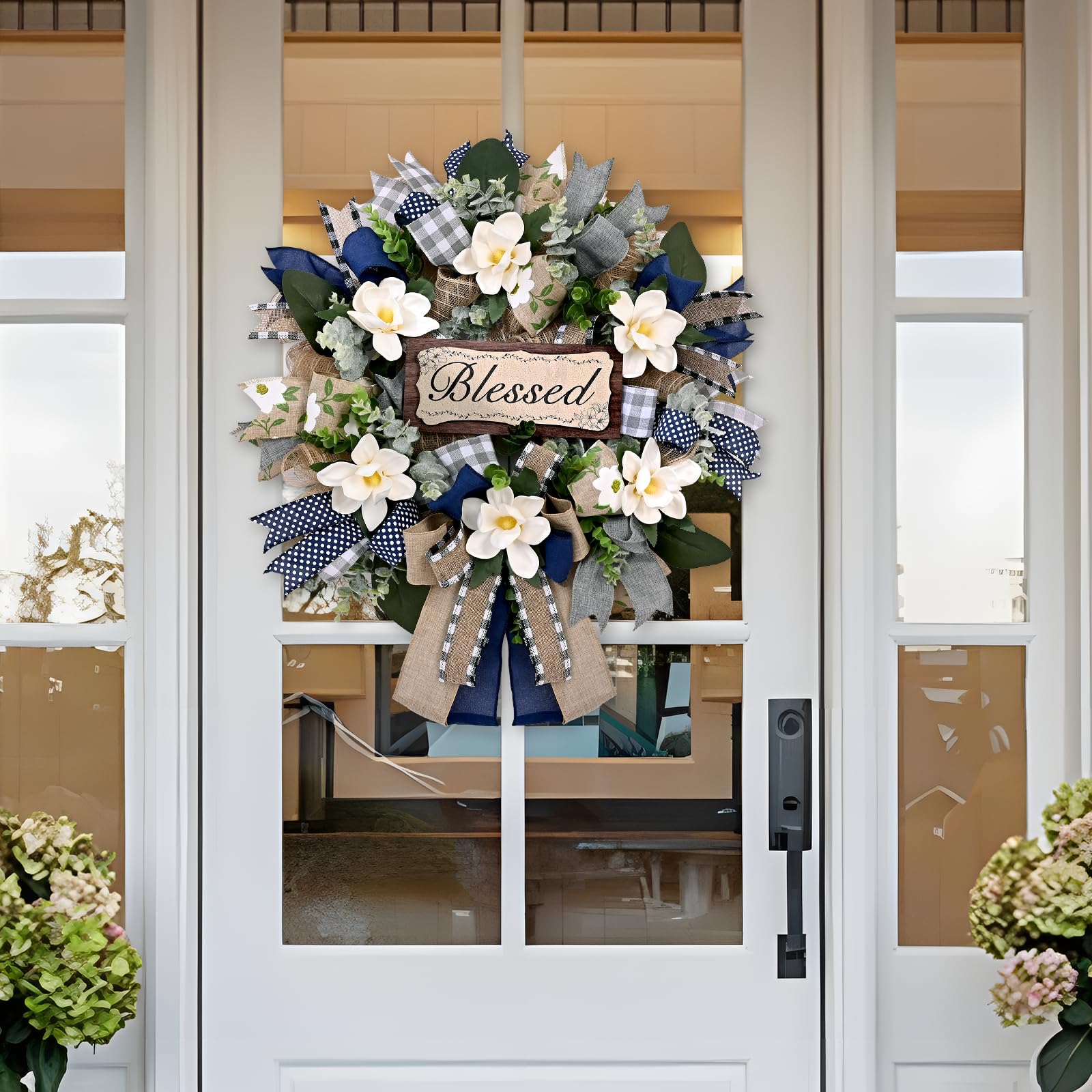 Waipfaru wreath next to door for scale to visualize true 22-inch size