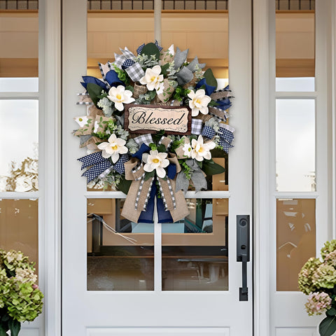 Waipfaru wreath next to door for scale to visualize true 22-inch size