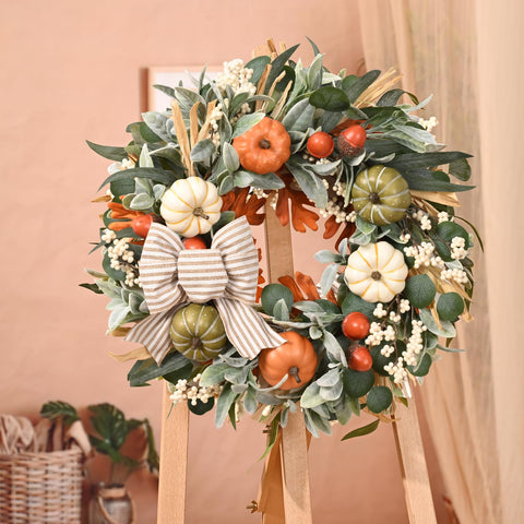 Waipfaru wreath beside door frame shows 22-inch size for scale