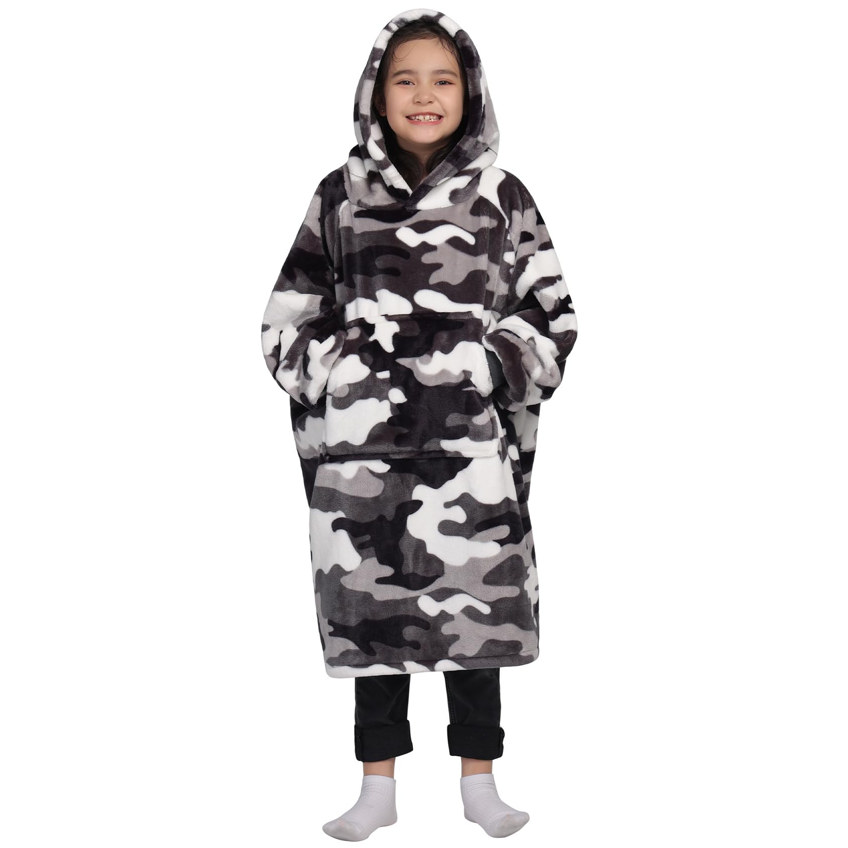 Waitu camo wearable blanket front view showing oversized fit and sleeves for comfortable movement