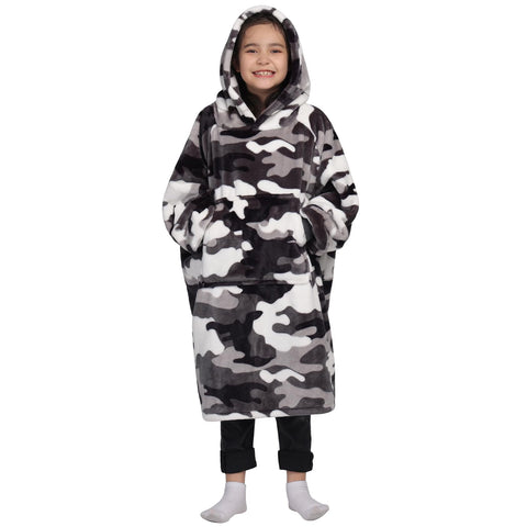 Waitu camo wearable blanket front view showing oversized fit and sleeves for comfortable movement