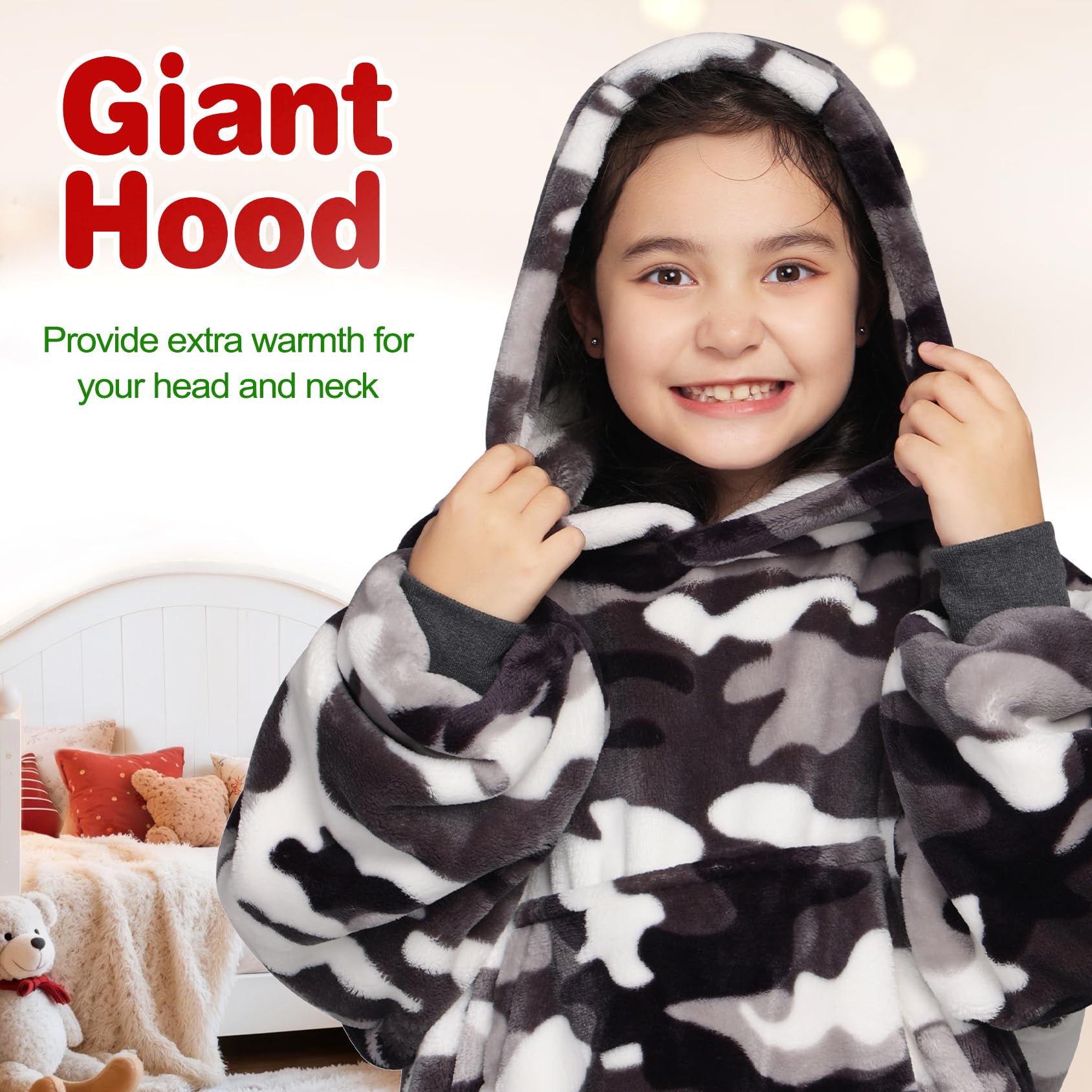Child wearing Waitu camo blanket in living room using remote and staying warm while gaming
