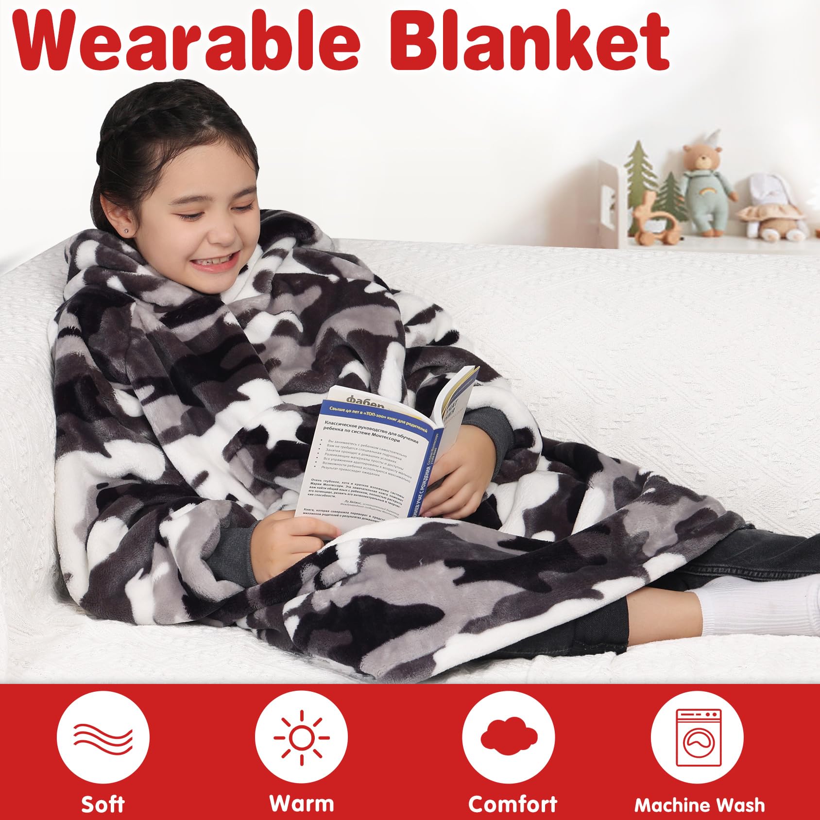 Waitu camo wearable blanket next to a chair to show size and coverage for teens