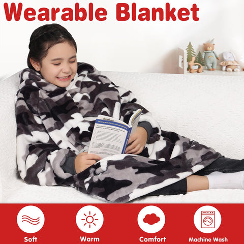 Waitu camo wearable blanket next to a chair to show size and coverage for teens
