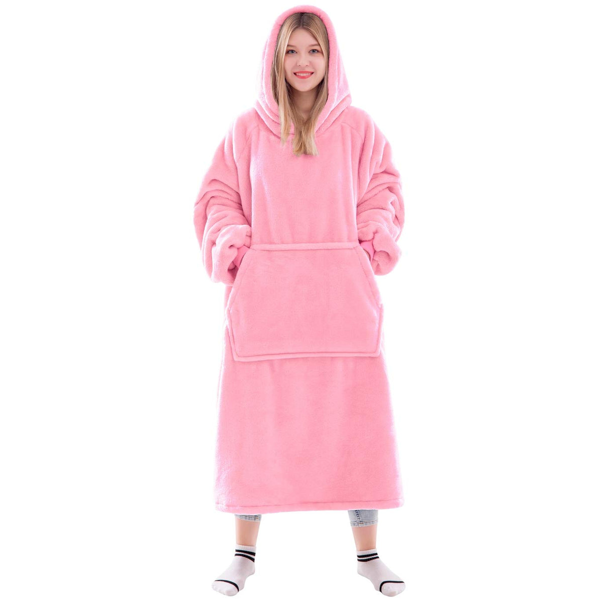 Waitu front view showing bright pink oversized wearable blanket, cozy and visible