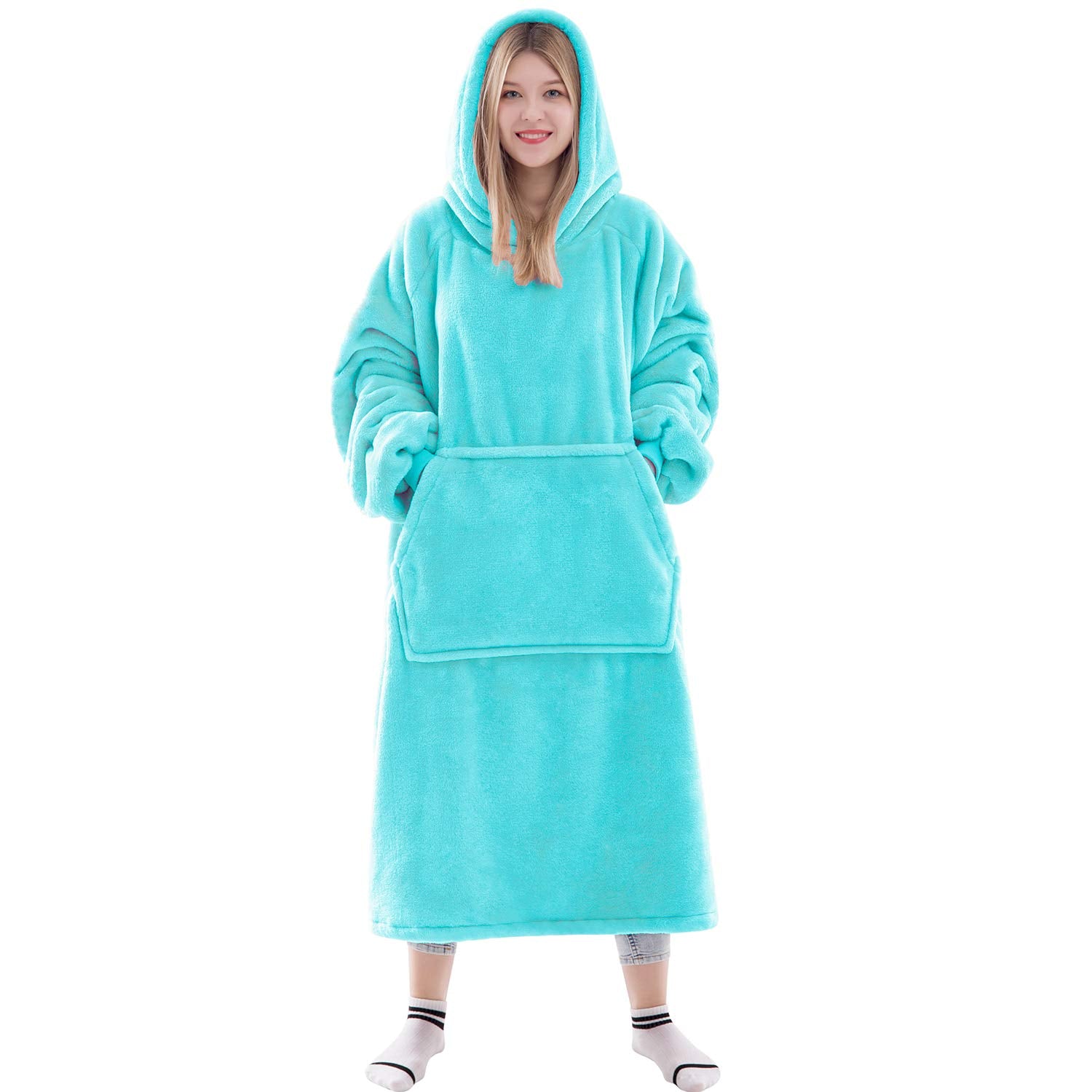 Waitu front view of cyan wearable blanket hoodie showing full coverage and comfort