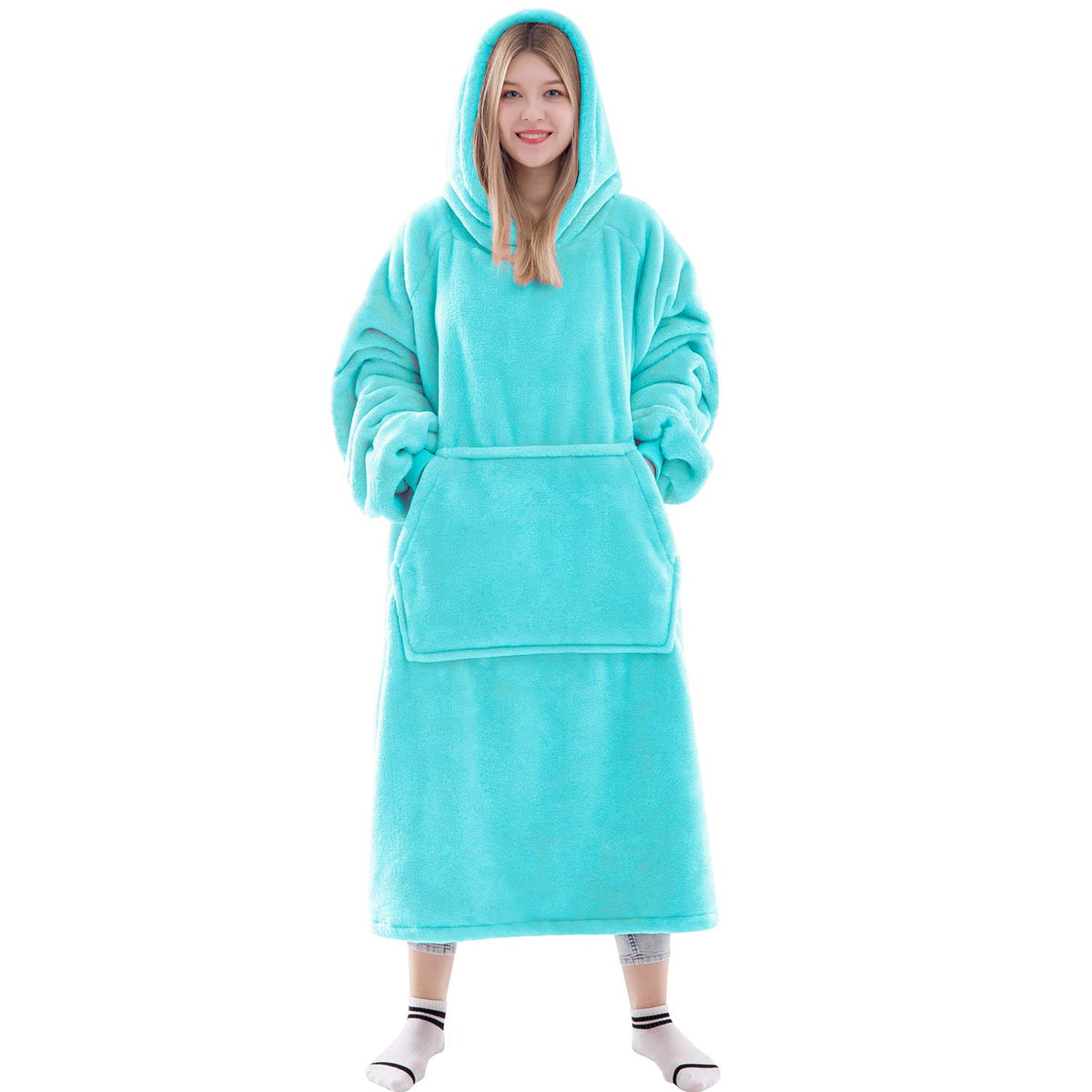 Waitu front view of cyan wearable blanket hoodie showing full coverage and comfort