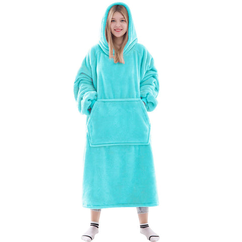 Waitu front view of cyan wearable blanket hoodie showing full coverage and comfort