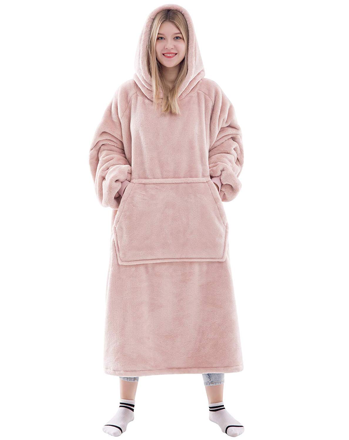 Waitu front view pink hoodie blanket showing oversized fit and comfort