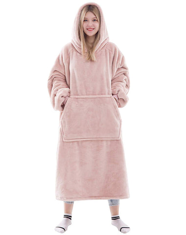 Waitu front view pink hoodie blanket showing oversized fit and comfort