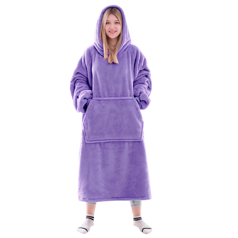Waitu front view showing oversized purple blanket hoodie and full coverage benefit