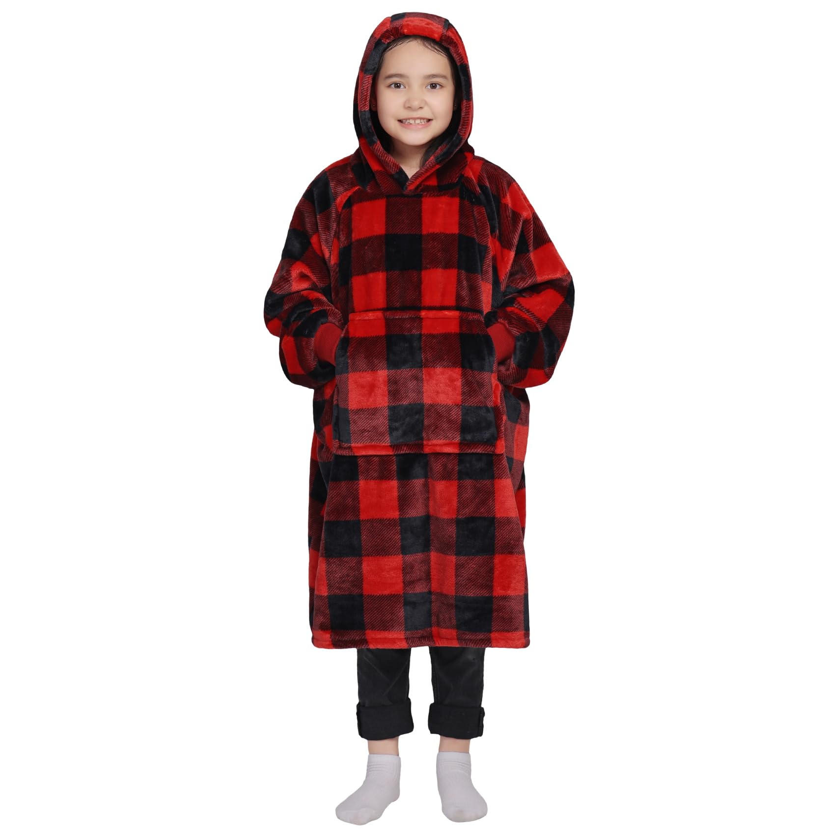 Waitu front view red and black plaid hoodie blanket showing roomy fit and comfort