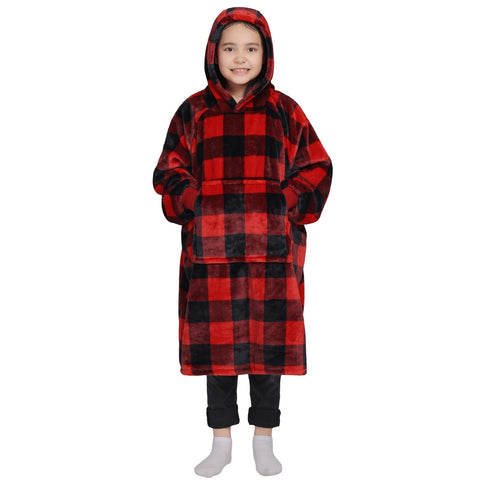 Waitu front view red and black plaid hoodie blanket showing roomy fit and comfort