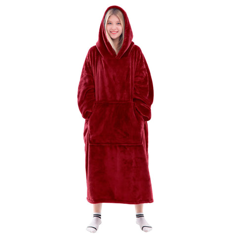 Waitu front view of red wearable blanket showing oversized fit and cozy coverage