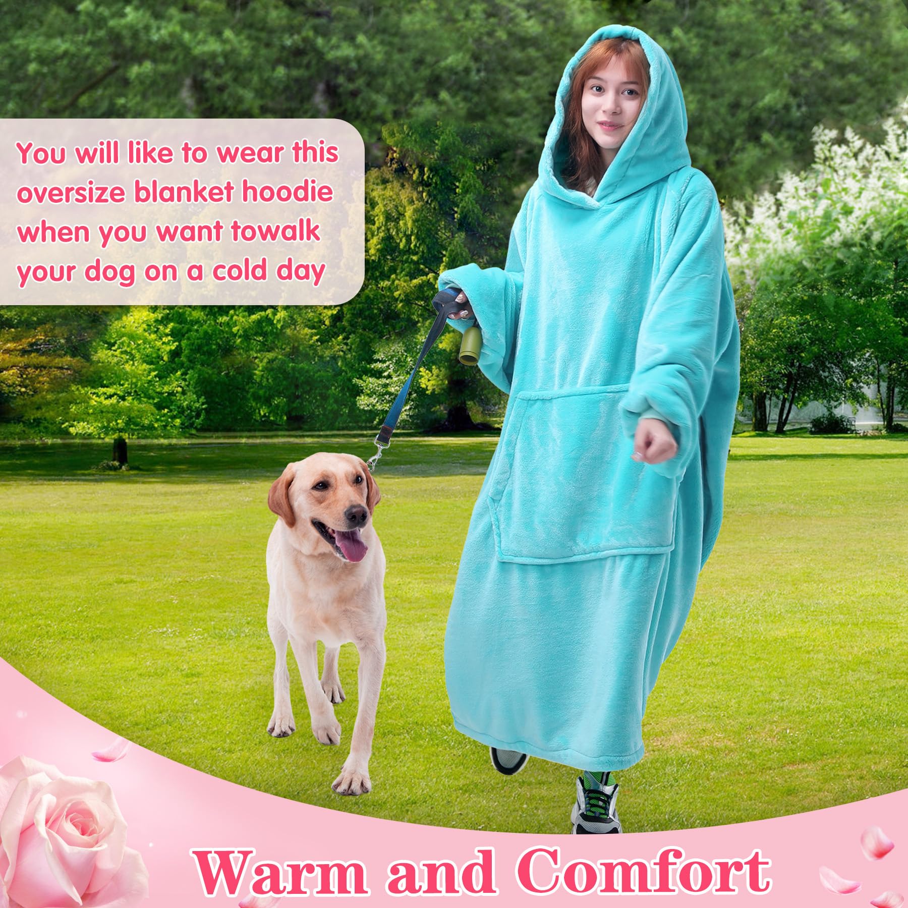 Waitu model lounging on couch in cyan wearable blanket conveying relaxed comfort