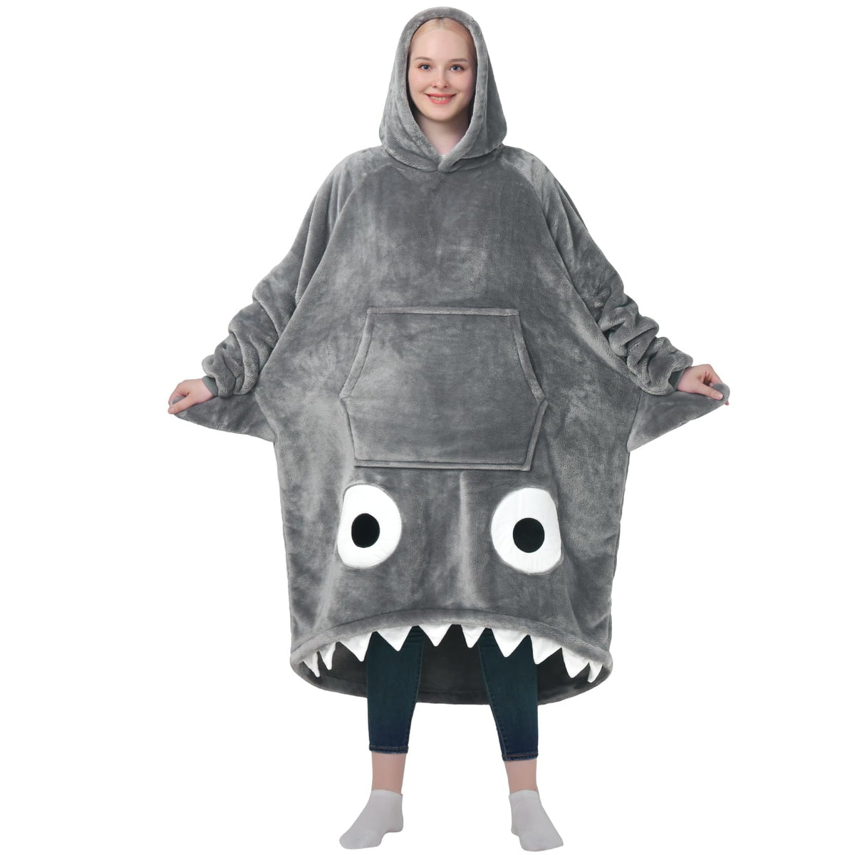 Waitu shark hoodie blanket front view showing full shark design and cozy fit