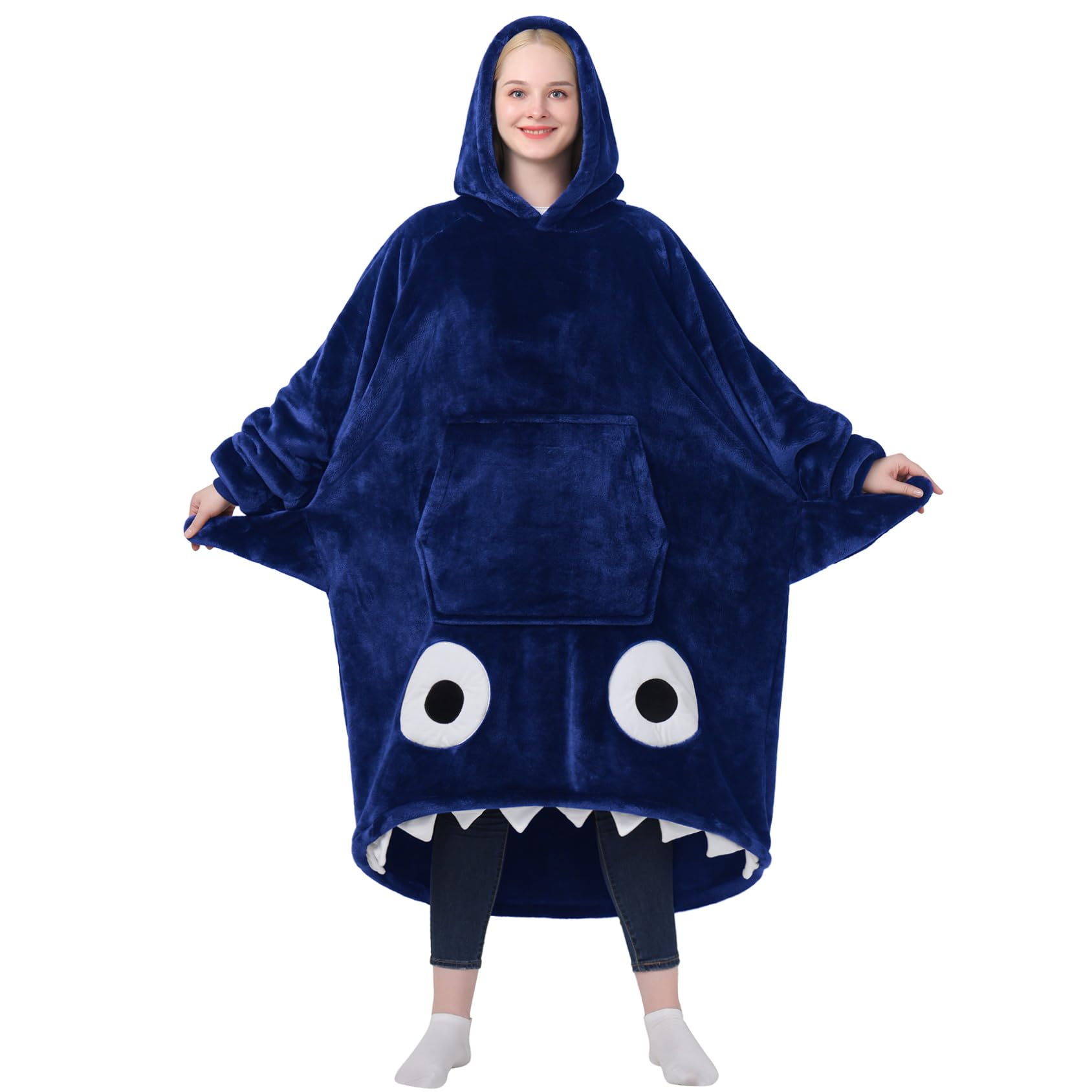 Waitu shark hoodie blanket front view showing plush navy design and full coverage for cozy warmth