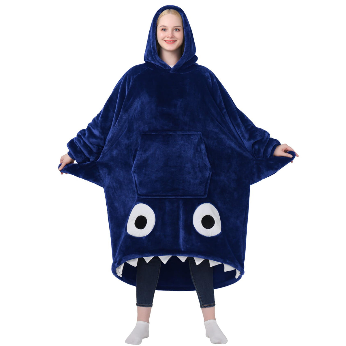 Waitu shark hoodie blanket front view showing plush navy design and full coverage for cozy warmth