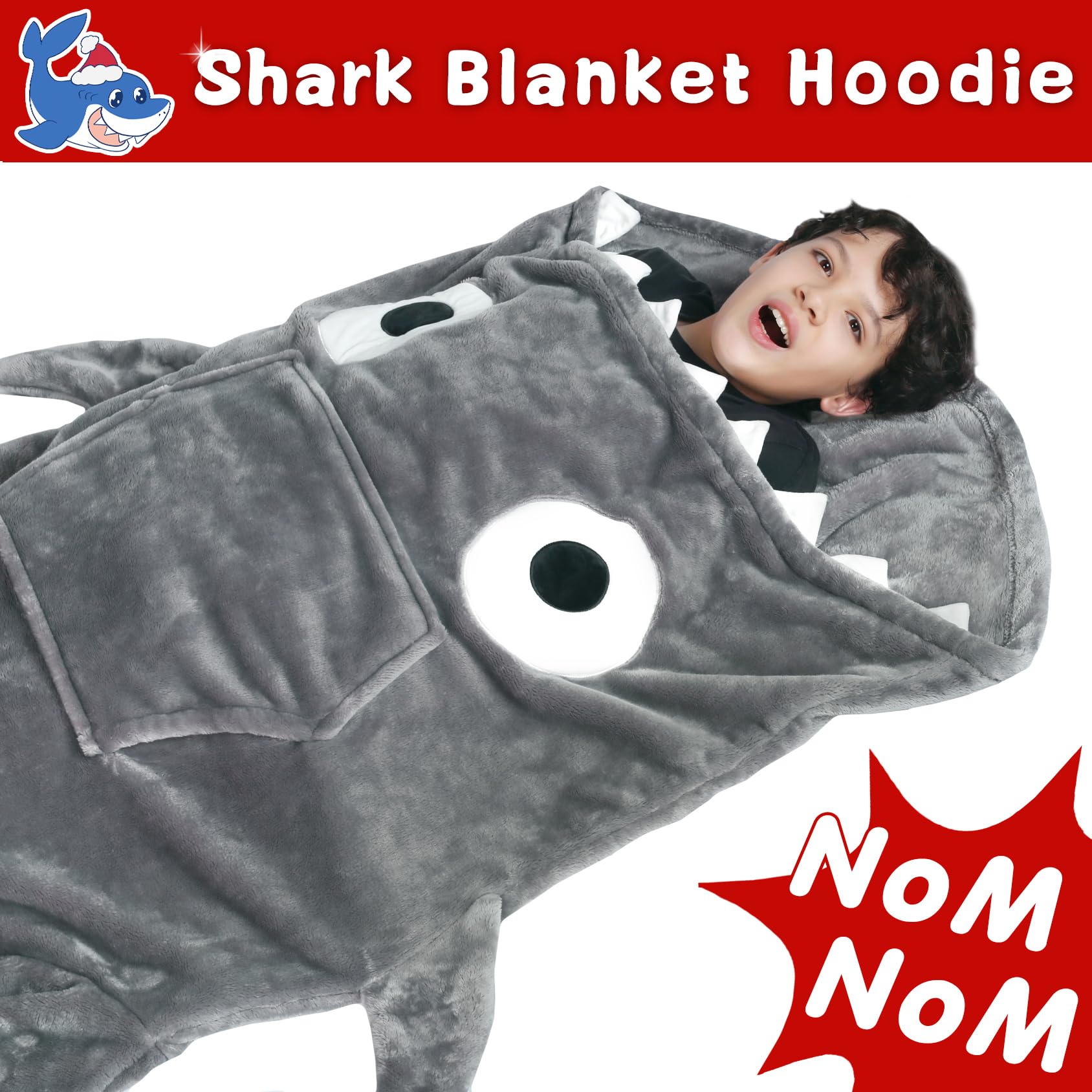 Waitu shark hoodie pocket detail showing oversized pocket for hand warmth and storage