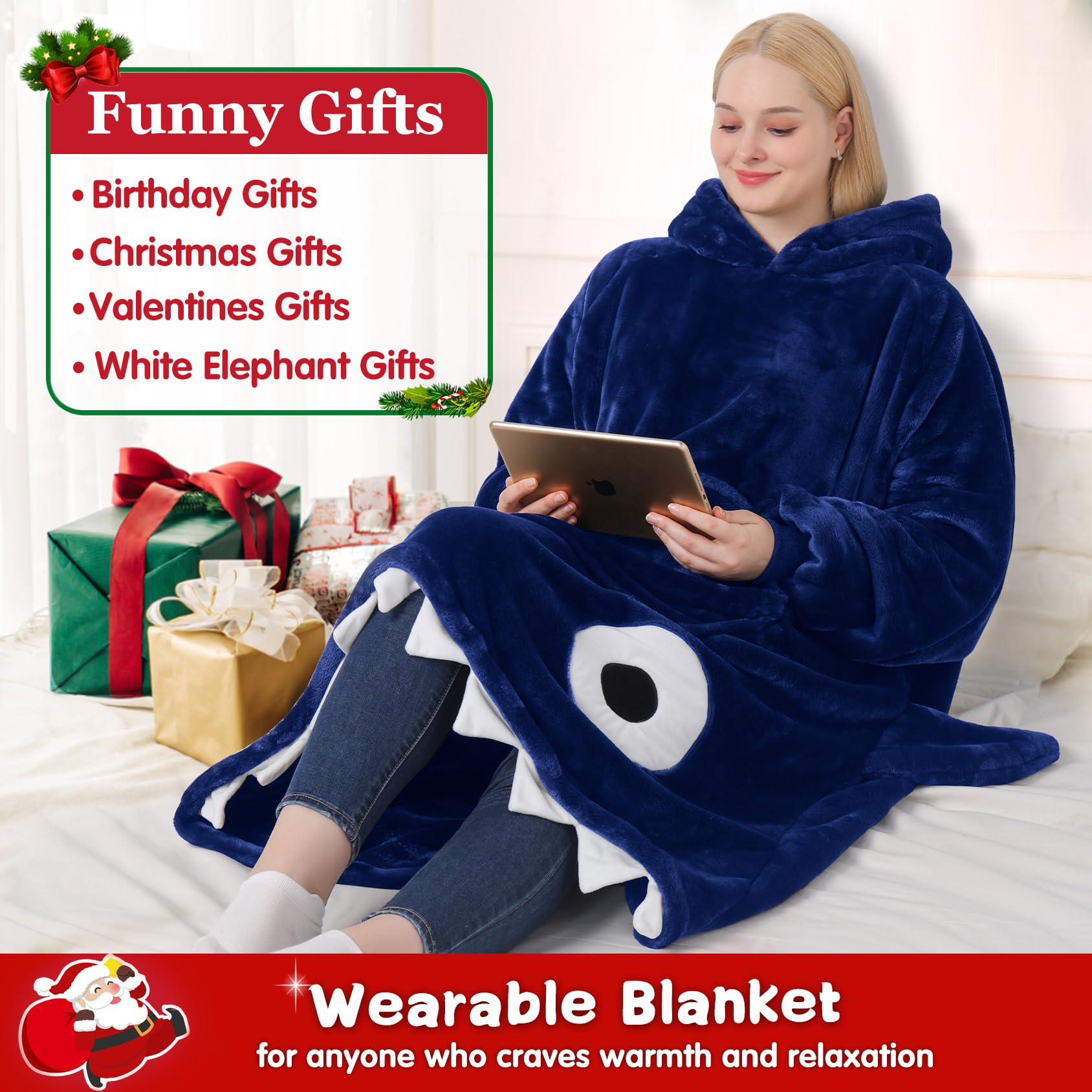 Waitu shark hoodie side view highlighting decorative fins and roomy sleeves for easy movement