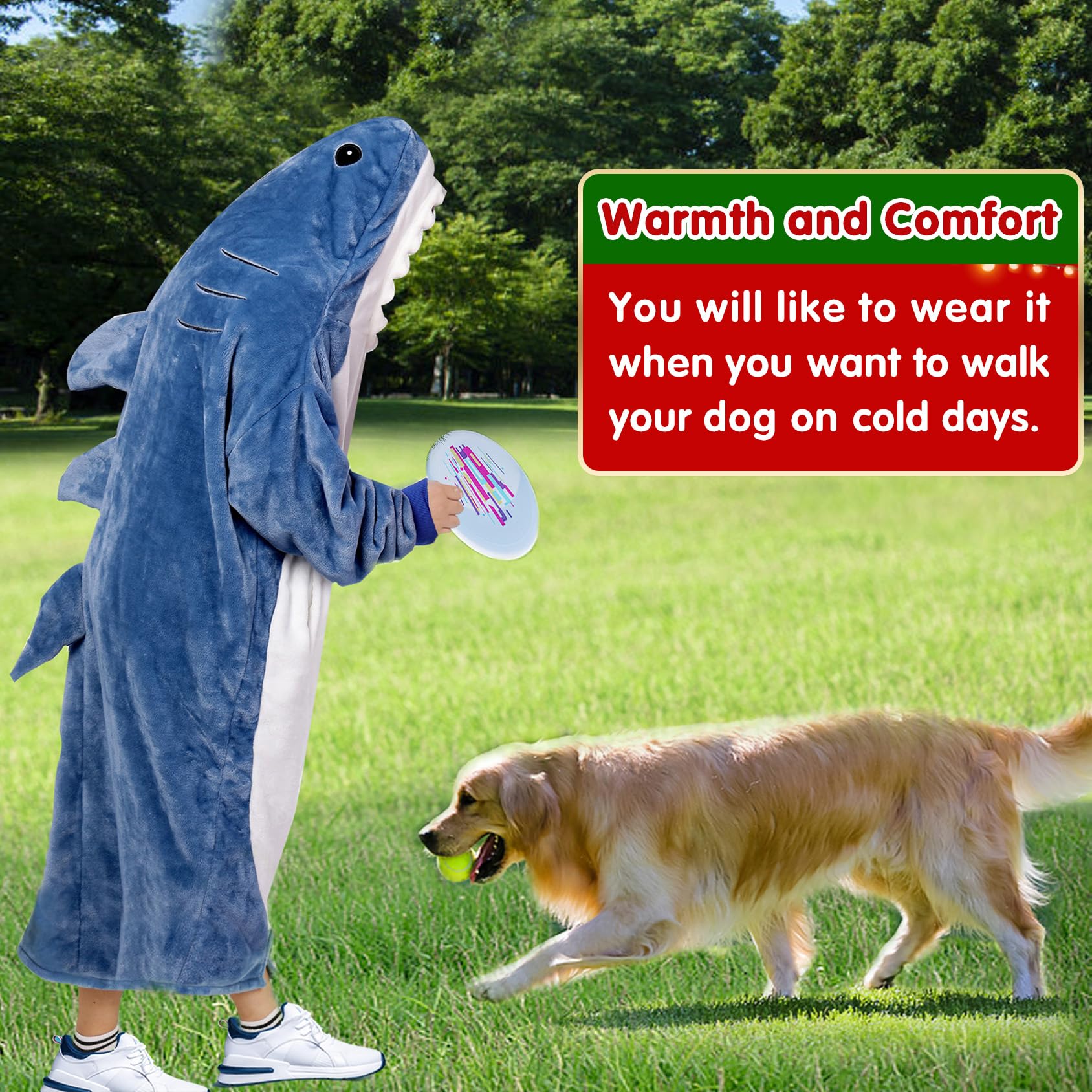 Waitu shark blanket next to ruler and packaging illustrating adult size and gift-ready